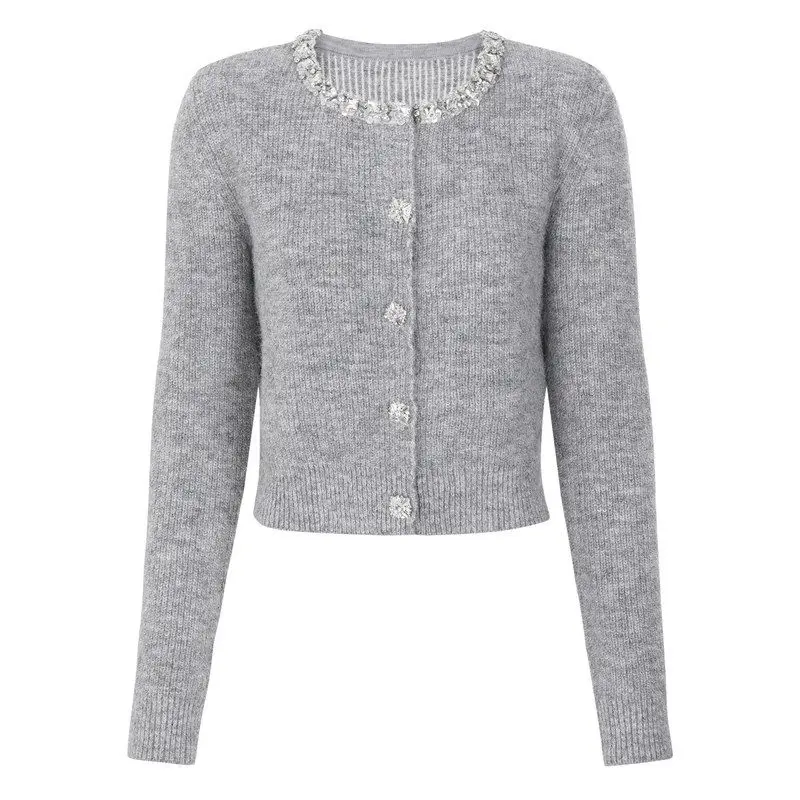 

High-End Spring Autumn Long Sleeve Short Knitted round Neck Fashion Outerwear Cardigan Women's Soft Knitwear European Style