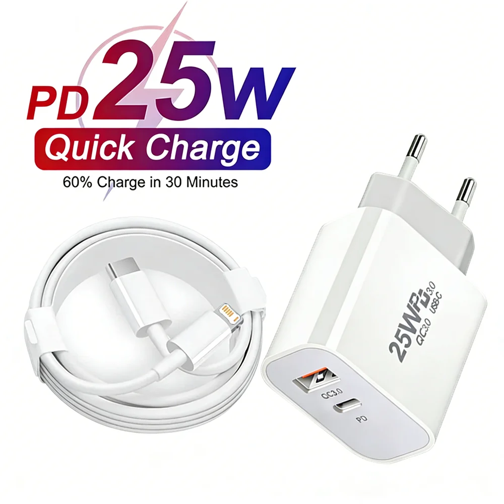 25W PD USB A+C EU Fast Charger For iPhone 11 12 13 Mini 14 Pro Max X XR XS Max 6S 7 8 14 Plus SE 2020 Rapid Charging USB-C Cable