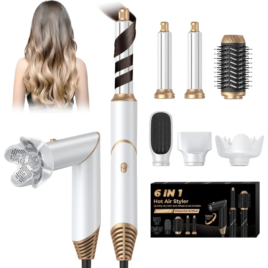 

6 in 1 Foldable Hair Dryer Brush with Wrap Curler for Drying Curling Volumizing Straightening Detachable Air Styler in Black