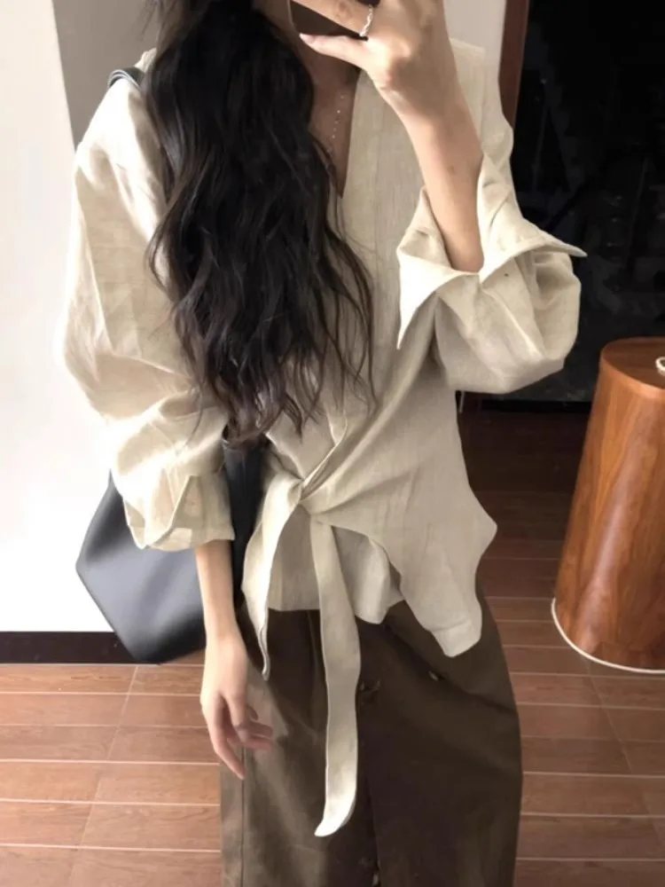Spring 2026 Women's Beautiful Asymmetrical Long Sleeve Linen Shirt Unique Design Loose Fit Belted Early Spring Fashion