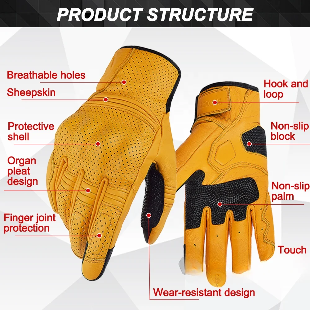 for Vintage Gloves Full Protection Retro Yellow Leather Motocross Gloves Touch Screen Motorbike Biker MX Gloves Anti-drop