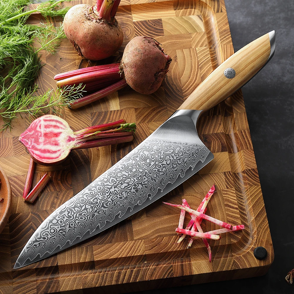 HEZHEN Flagship Series 8 Inch Chef Knife 73 Layers Powder Steel Core Damascus Steel Olive Wood Handle Gift Box Kitchen Knife