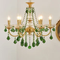French Retro Copper Rreen Crystal Living Room Chandeliers Light Luxury Dining Room Bedroom Study Candle Pendant Lights E14 Lamps