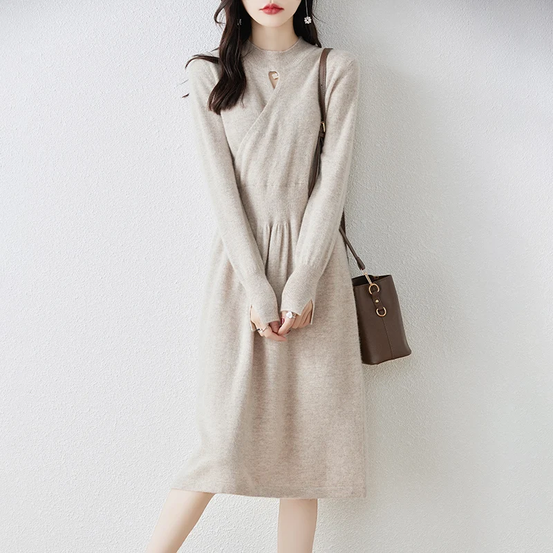 Fall/Winter Wool Knitted Dress Women\'s Half-high Neck Long Waist Sweater Skirt Loose 100% Wool Over-the-knee Skirt