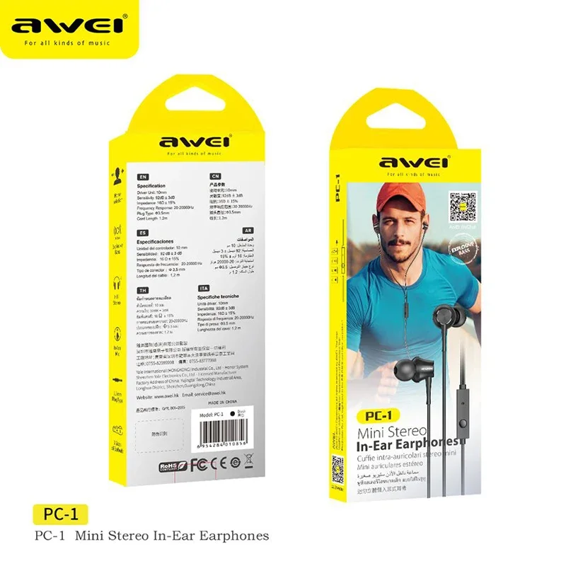 Awei PC-1 3.5mm In-Ear Wired Earphones Mobile Wired Earphone Sport Headphone With Microphone For Phone Stereo Super Bass Earbuds