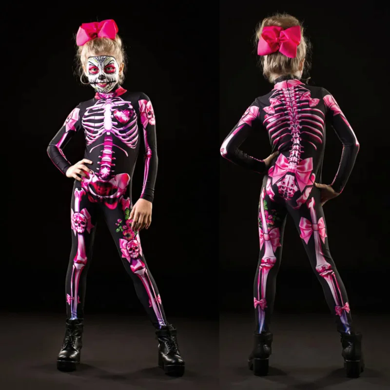 Adult Kids Halloween Skeleton Cosplay Jumpsuit Pink Rose Woman Sexy Skull Scary Costume Girls 3D Print Bodysuit Mother Daughter