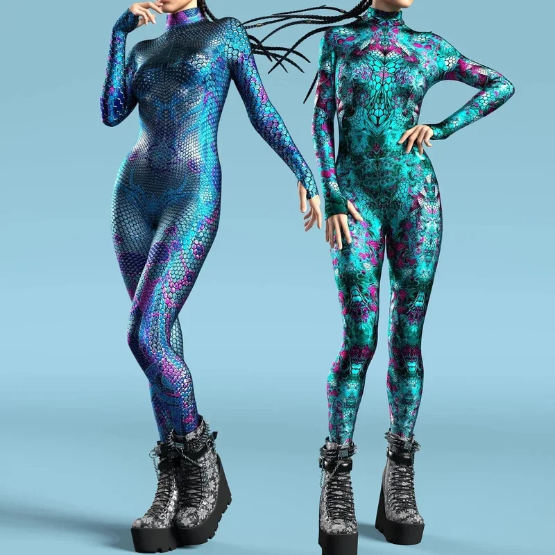 3D Printed Catsuit Women Sexy Fish Scale Jumpsuit Mermaid Cosplay Zentai Suit Costume Halloween Party Shows Performance Bodysuit