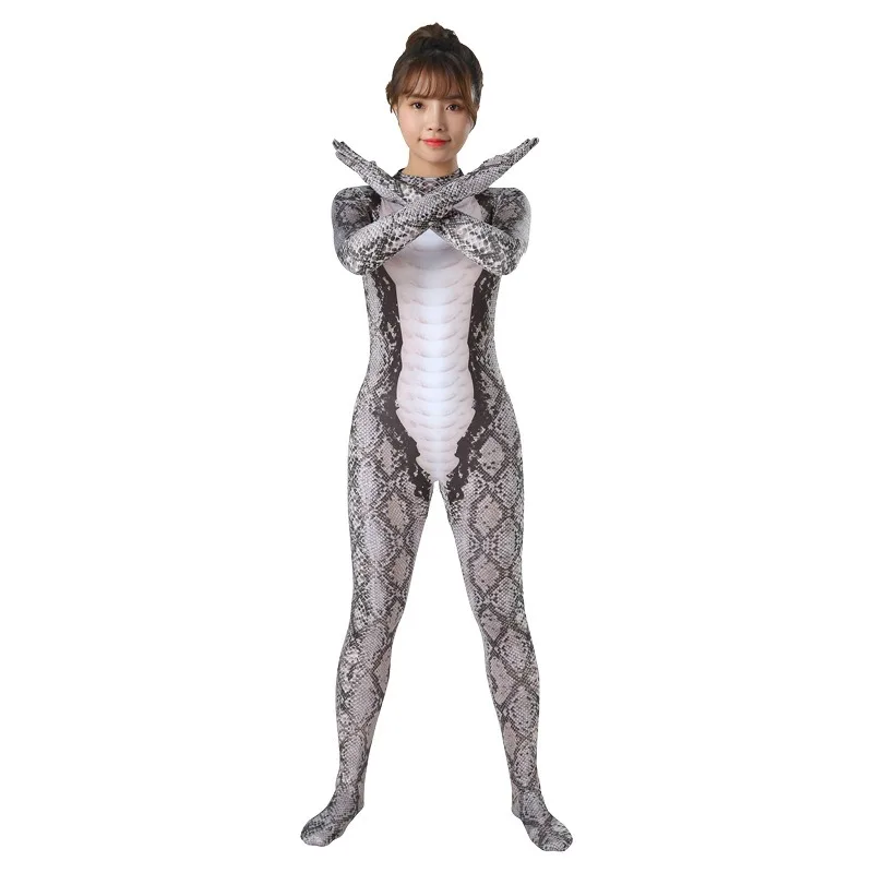 Women\'s Viper Skin Cosplay Costume 3D Printed Zenti Polyester Snake Skin Party Jumpsuit Halloween Costume for Girls Asian Size