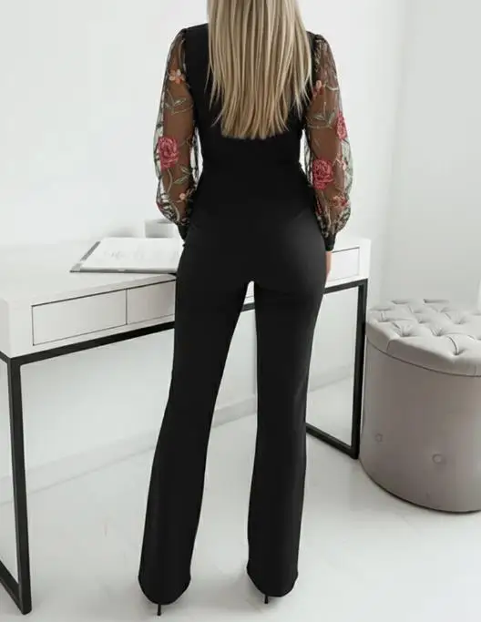 زهرة التطريز الدانتيل المرقعة بأكمام طويلة سليم صالح عالية الخصر بذلة الخريف المرأة الخامس الرقبة أنيقة مستقيم الساق بذلة