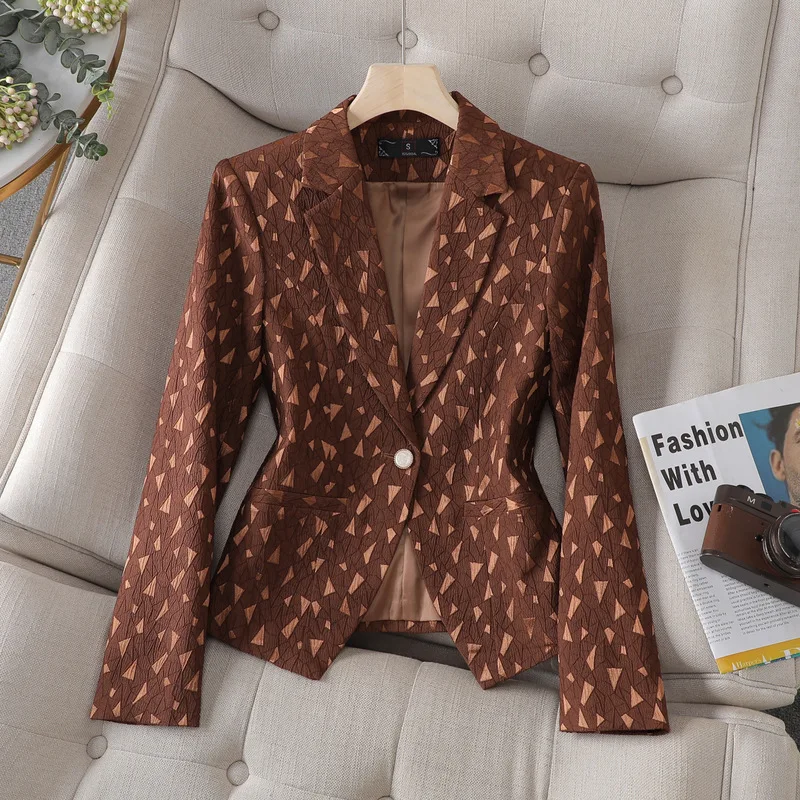 Triangle Pattern Women Suit 1 Piece Blazer Brown Spring Office Lady Business Work Wear Elegant Girl Jacket Coat Prom Dress