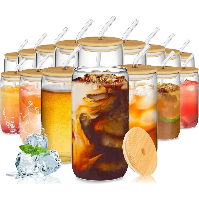 16Pcs Glass Cups with Lids and Straws, 16oz Glasses Drinking Set, Iced Coffee Cups, Beer Glasses