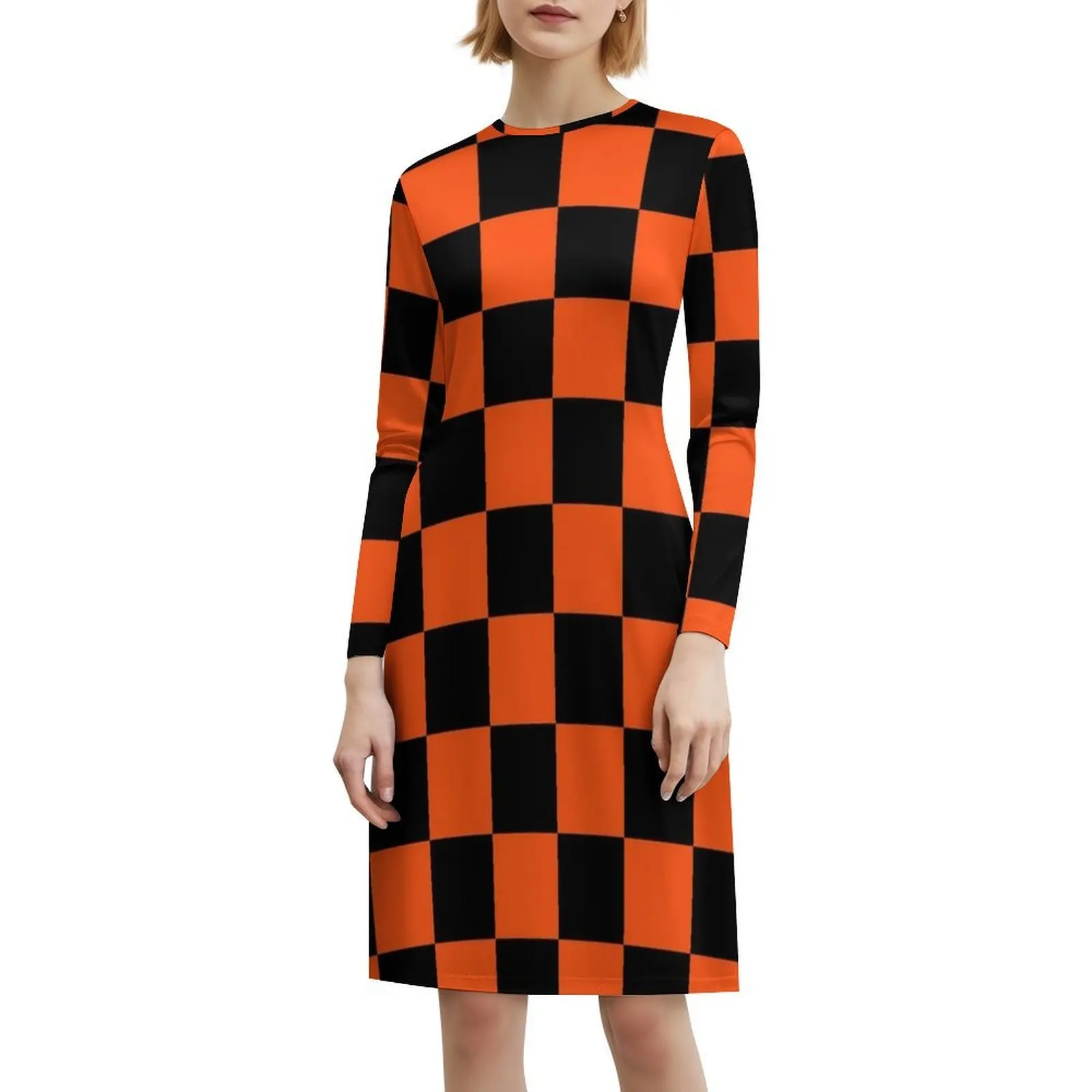 فستان سموك باللونين الأسود والبرتقالي بنمط الشطرنج للنساء للربيع والصيف فستان كاجوال للحفلات باللون الأسود والبرتقالي والأسود