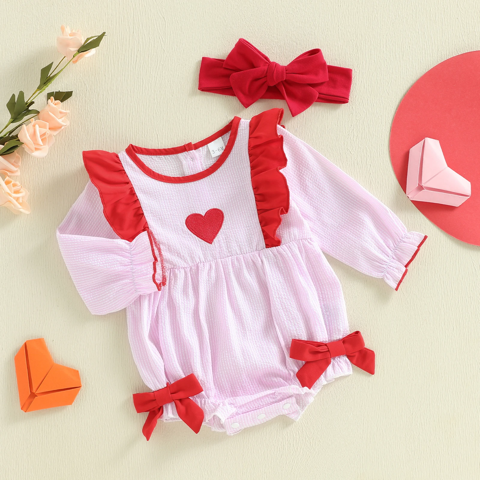 Tregren 0-18M Infant Baby Girl Valentines Day Romper Striped Print Heart Embroidery Long Sleeve Jumpsuit with Bow Headband