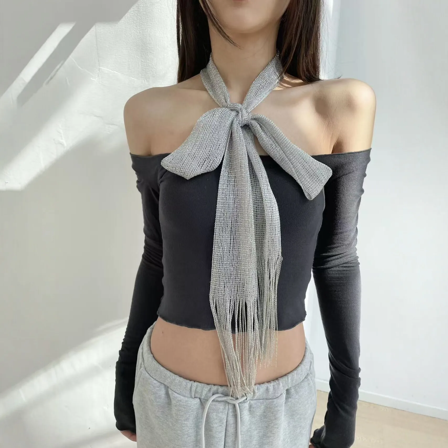 Fashion Nightclub Sunscreen Shawl Bright Silk For Women Lace Tassel Shiny Necklace Party Gold Silver Evening Dress Scarf view 5