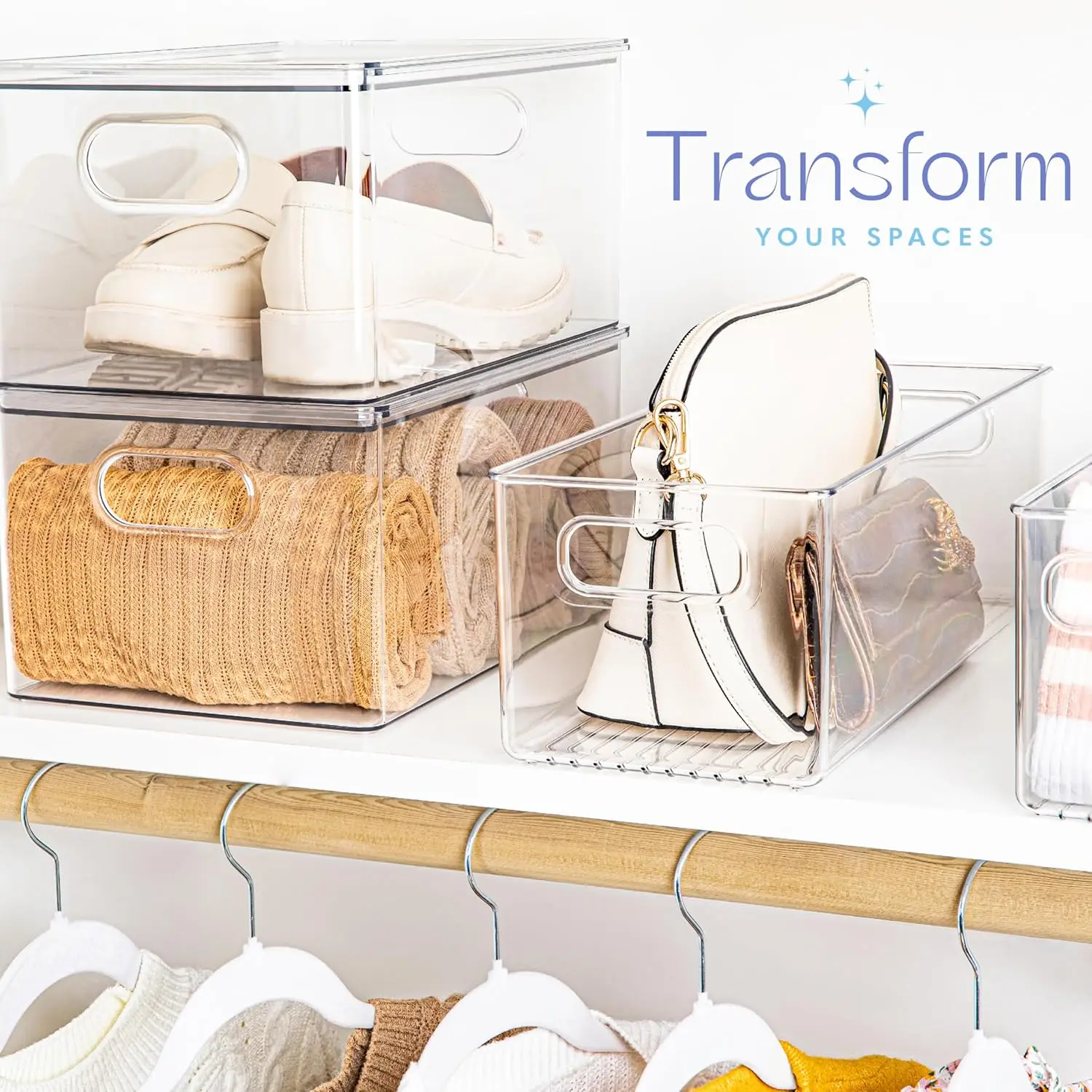 4-Pack Clear Plastic Storage Containers with Handles for Kitchen, Pantry, Refrigerator, Freezer - 16x6x5 Inches