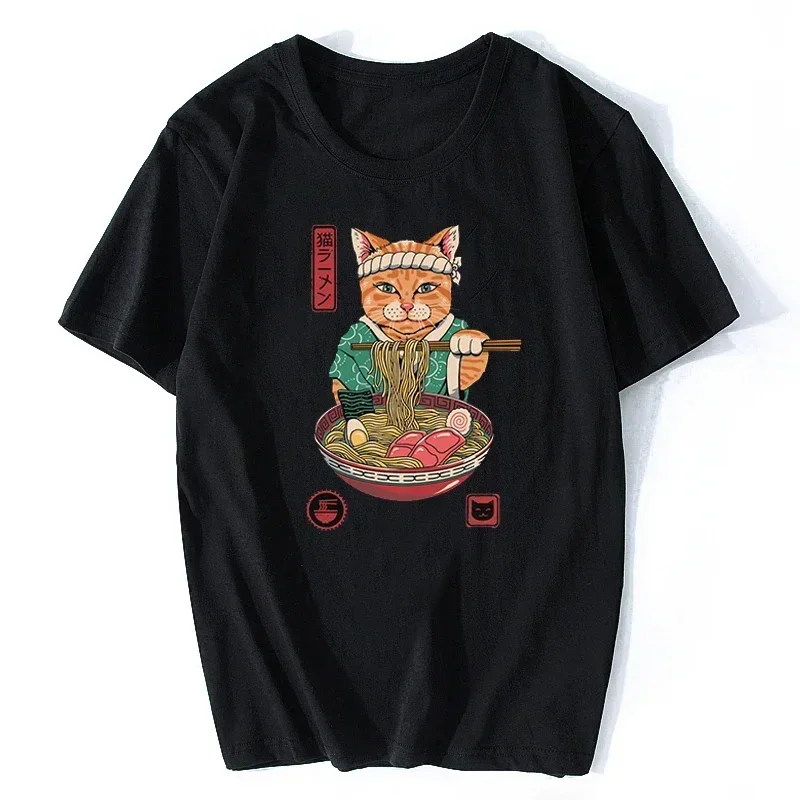 

Men's High Quality Aesthetic Cotton Cool Vintage T-shirt summer Streetwear Camisetas Hombre Neko Ramen Japan Cat Anime TShirts