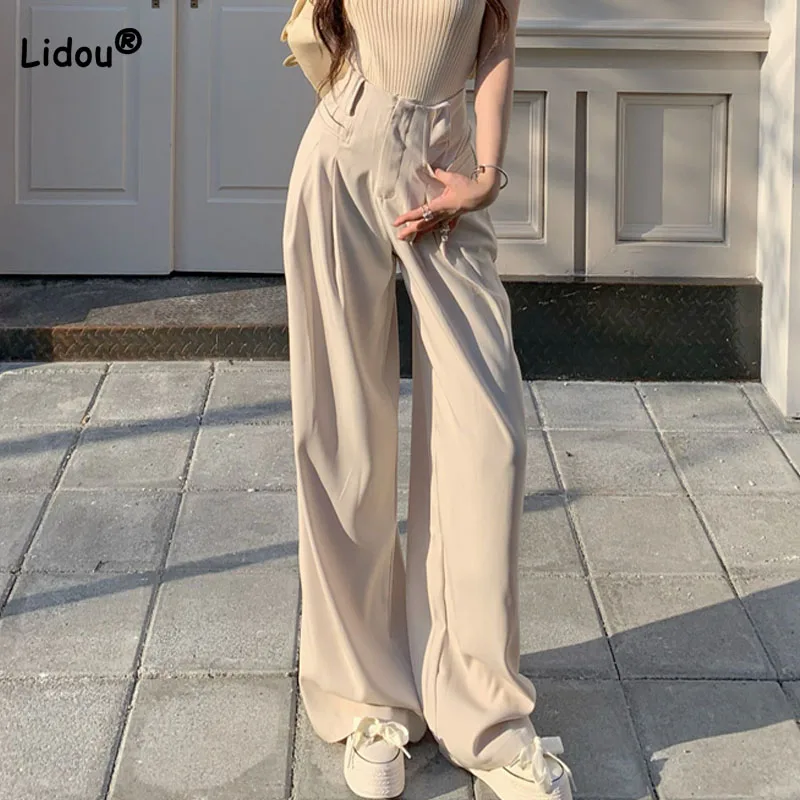 Korean Simplicity Women\'s Solid Color High Waist Trousers Summer All-match Folds Spliced Loose Wide Leg Pants Female Clothing