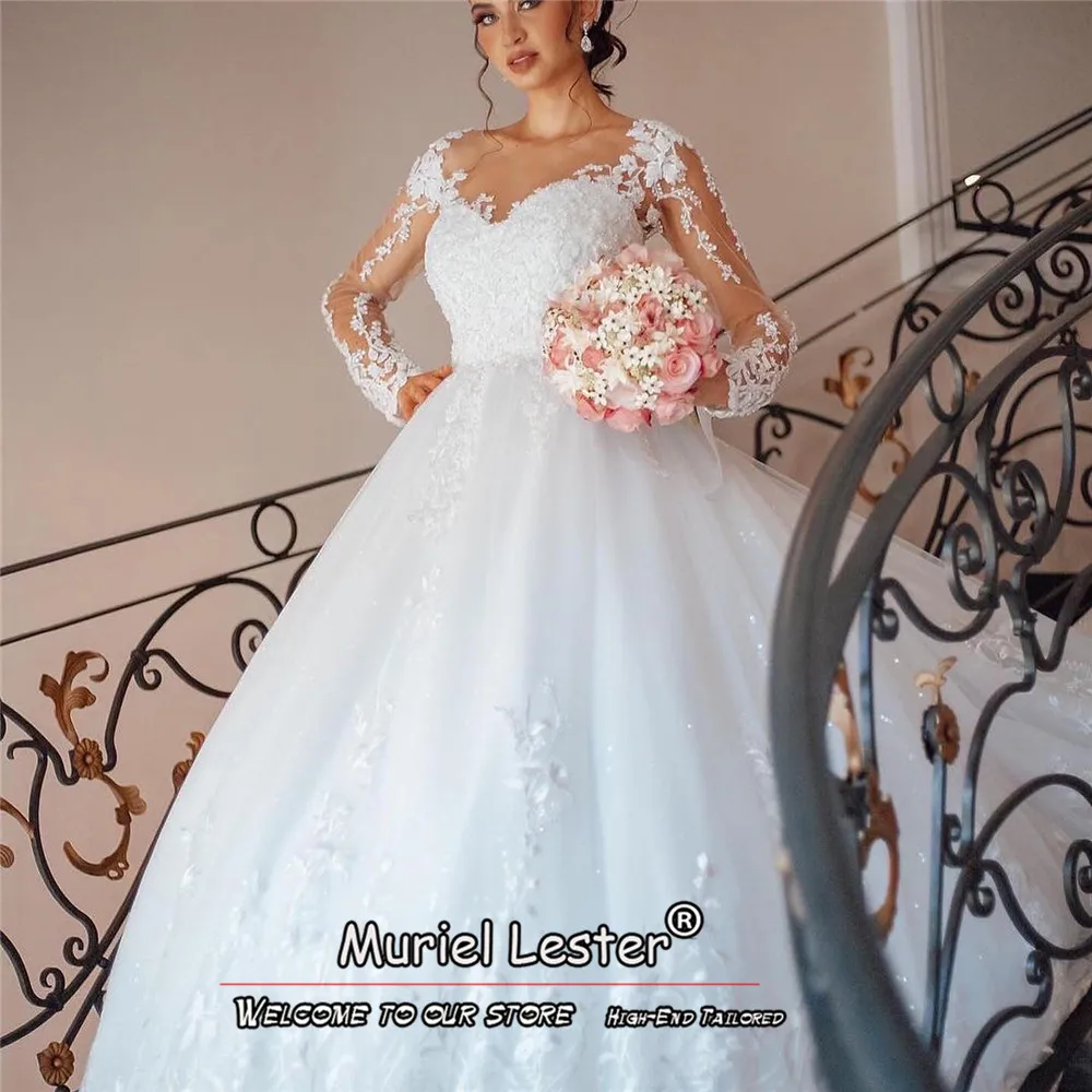 White Princess Ball Gown Wedding Dress With Nude Tulle Long Sleeves Appliques Bridal Gowns Custom Women Formal Party Clothing