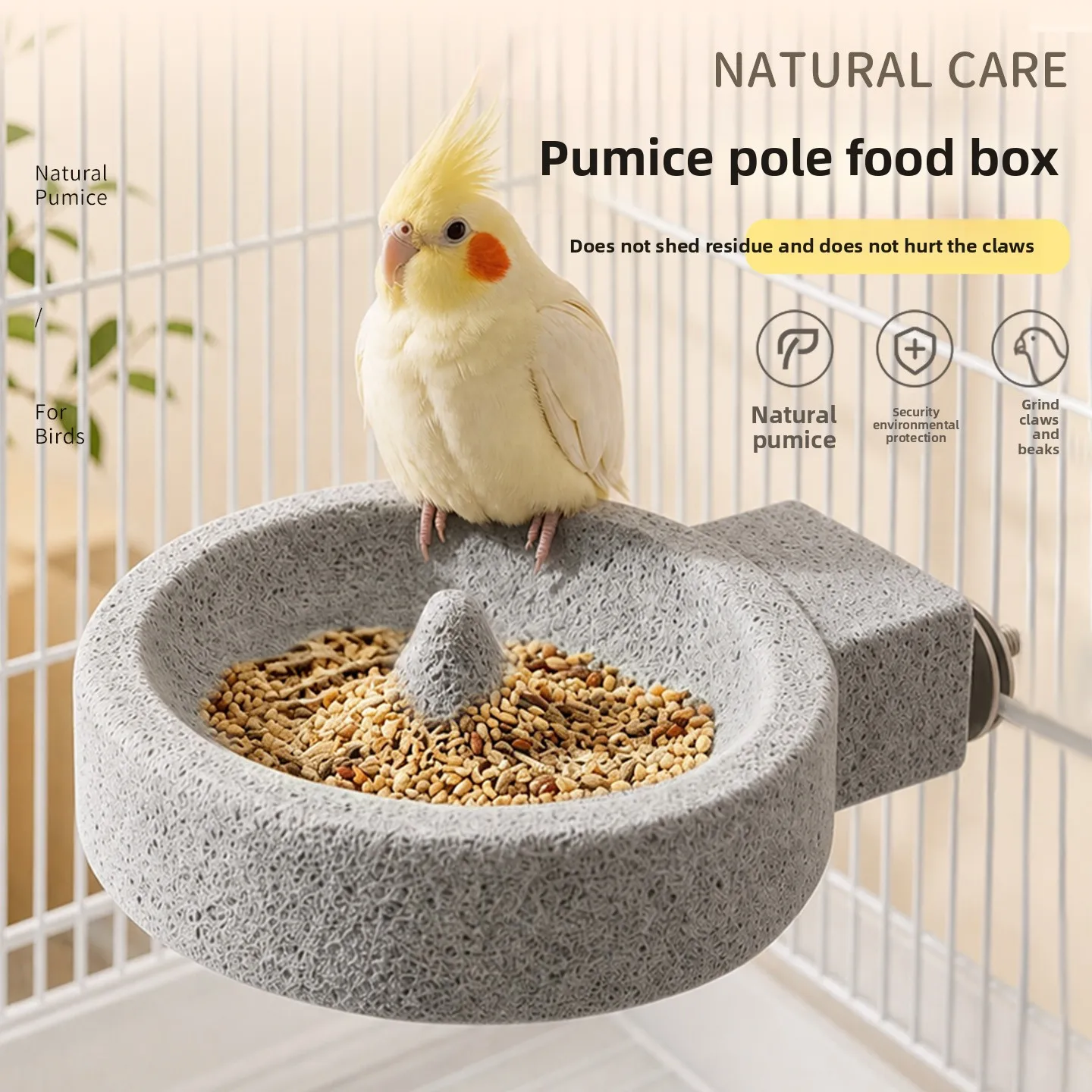 Volcanic Pumice Bird Perch Feeding Bowl, Parrot Claw Grinding Dish Anti-Splash Anti-Tip for Sun Conure Monk Parakeet