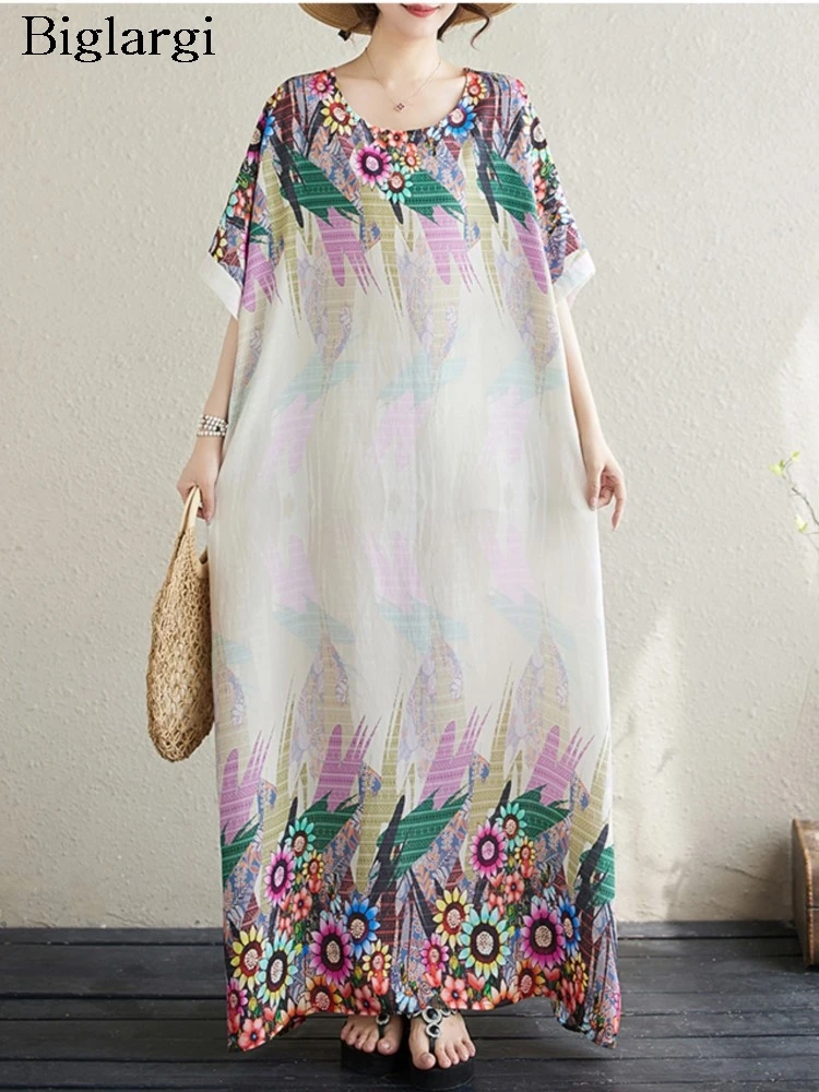 

Oversized Flower Floral Print Summer Long Dress Women Loose Ruffle Pleated Modis Ladies Dresses Short Sleeve Casual Woman Dress