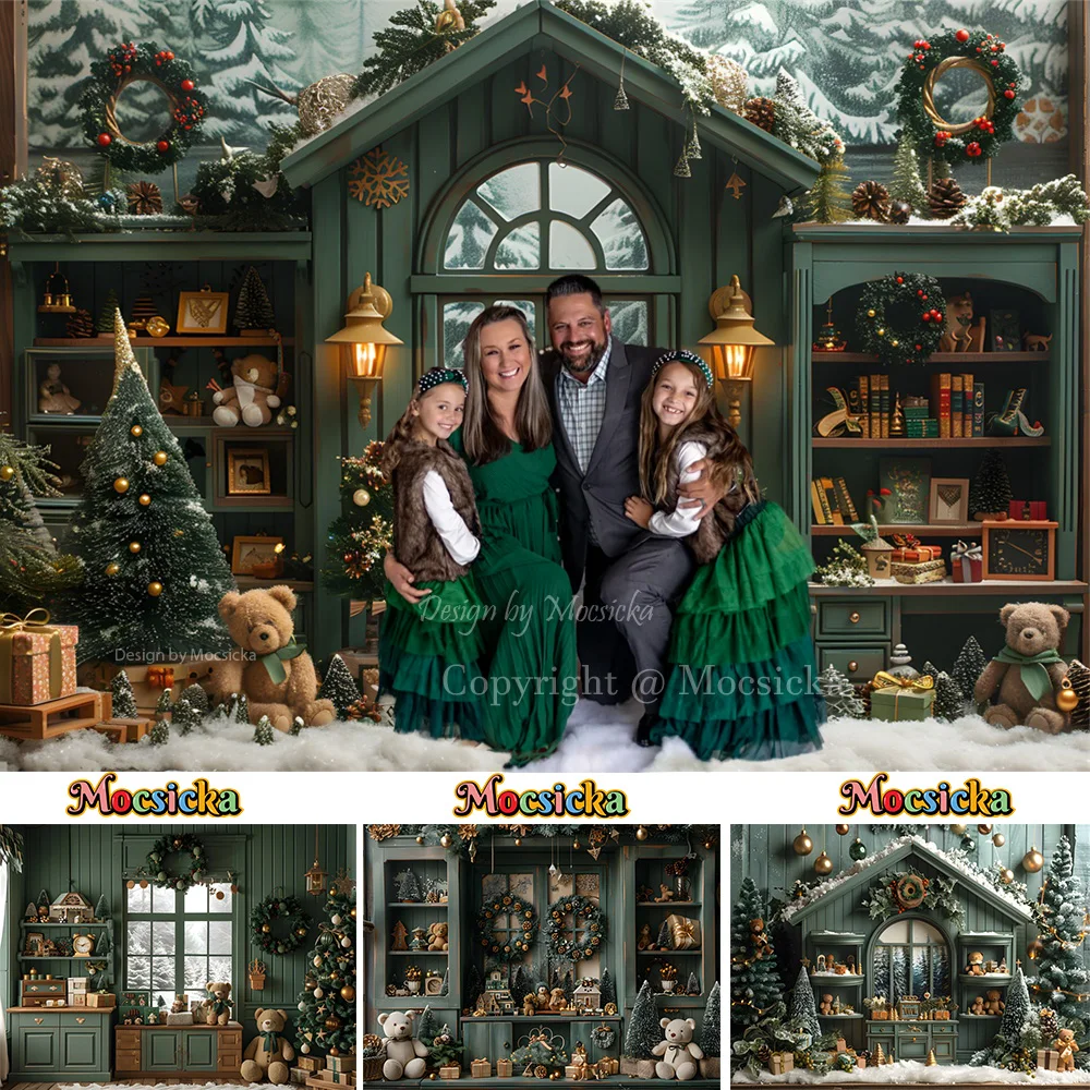 Christmas Photography Background Winter Family Photo Studio Green Wooden Room Backdrop Garland Window Bear Gift Xmas Tree Props