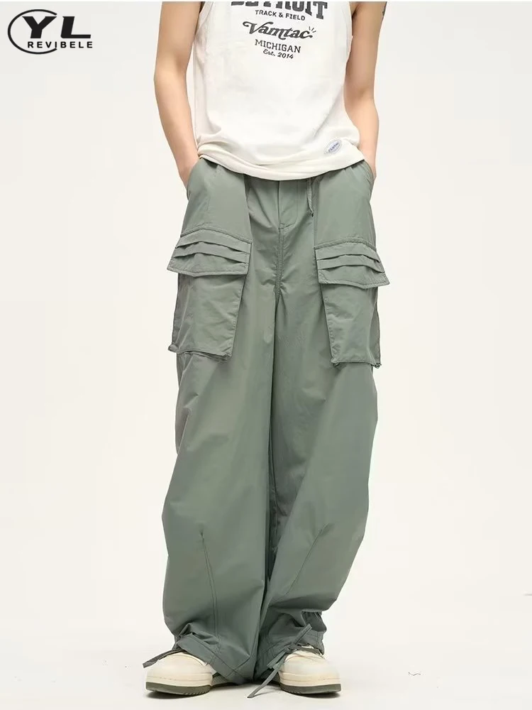 Summer Straight Cargo Pant Men Women Solid Color Drawstring Multi Pocket Wide Leg Pants Harajuku Vintage Functional Trousers New