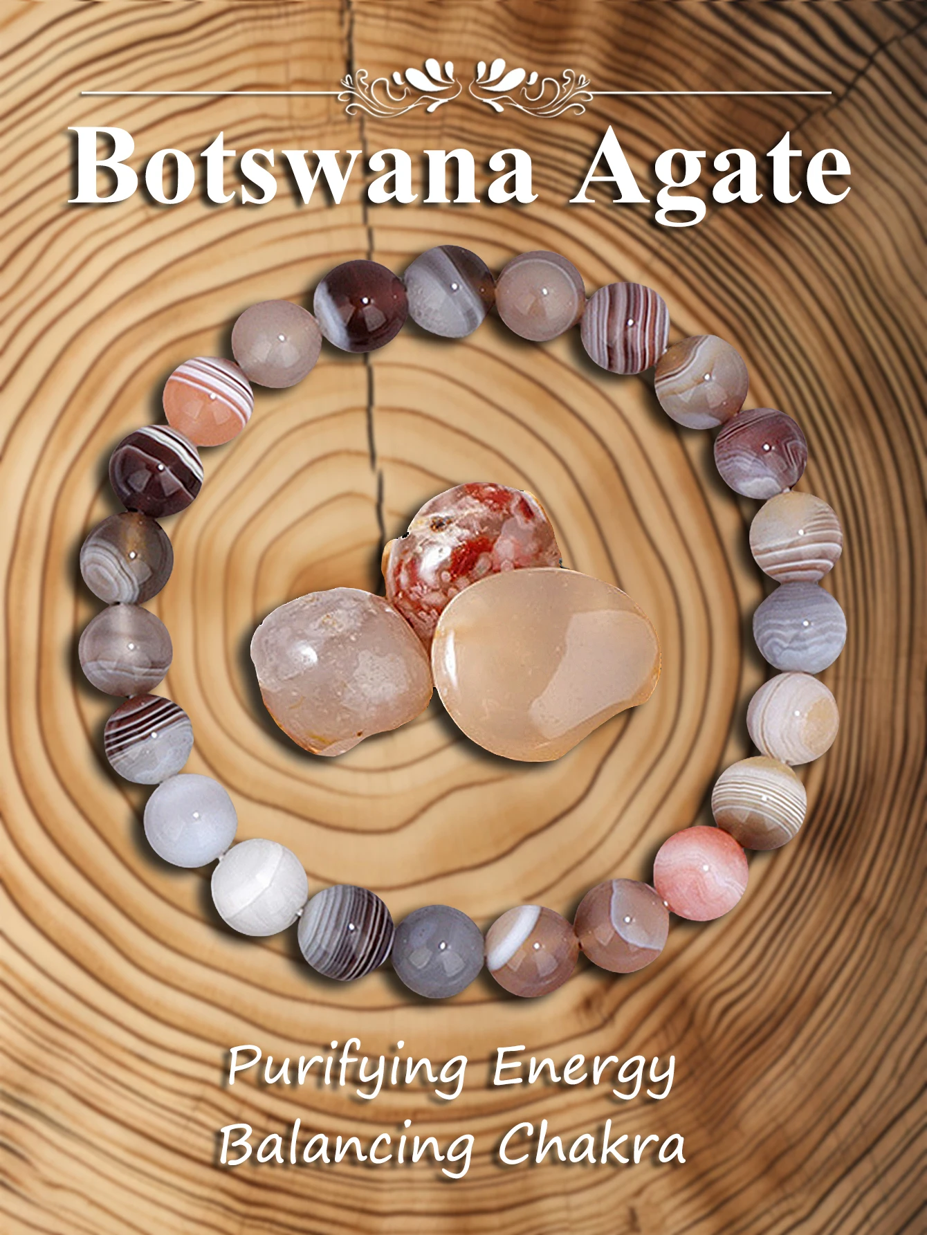 Original Natural Stone Botswana Agate Bead Bracelet for Balance Protection & Courage Energy Handmade Jewelry Gift for Men Women