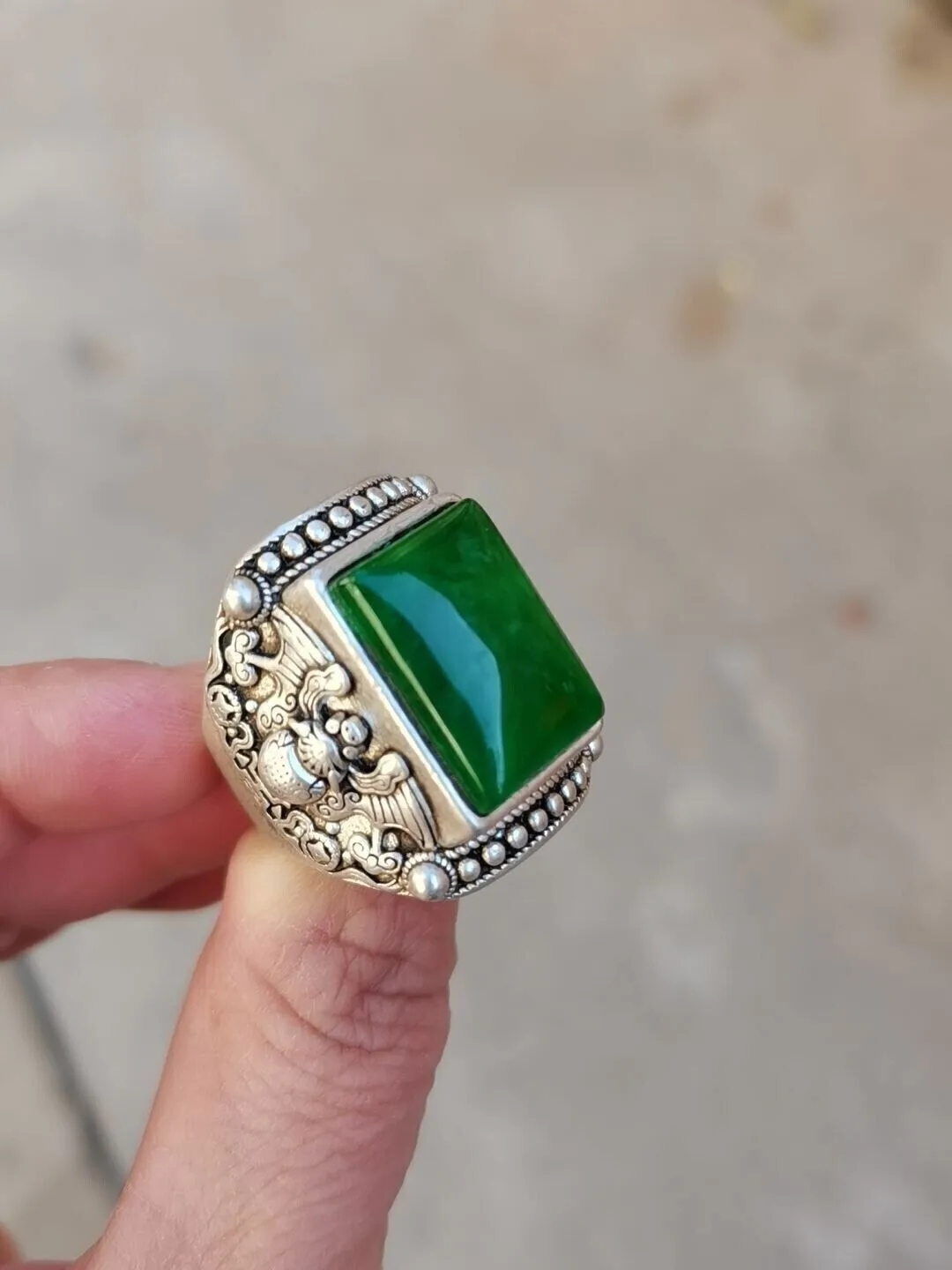 Old Chinese Tibetan Silver Ring Hand Inlaid with Jade Qianlong Period Collectible Antique Jewelry