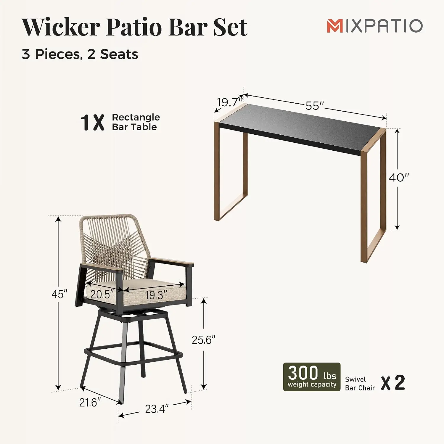 Outdoor Bar Set Swivel Counter Height Stools with 40