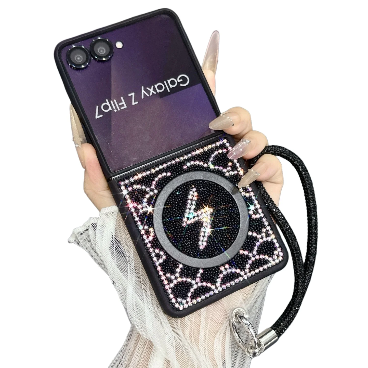 Luxury Full Diamond Magnetic Phone Case For Samsung Z Flip 7 FE 6 5 Foldable Bling Flash Shockproof Protector Cover With Lanyard