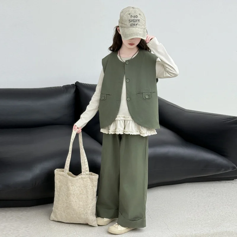 

Осенний детский комплект из 3 предметов для девочек, майка с круглым вырезом + однобортный жилет в стиле ретро + прямые брюки, модные комплекты для маленьких девочек