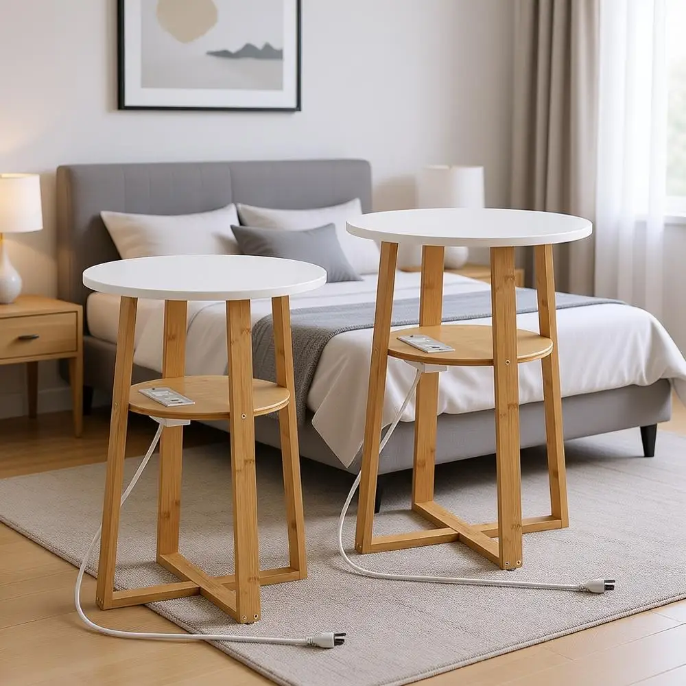 

Pair of 2 Round Side Tables with Charging Station, Bamboo Leg Accent End Table for Living or Bedroom, White and Natural