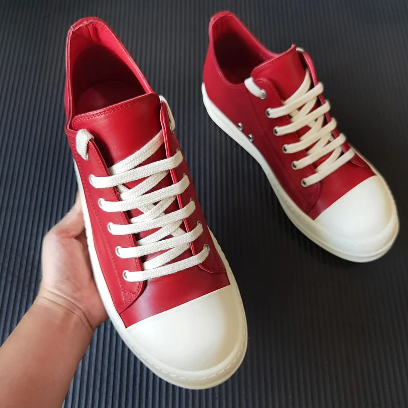 Men's Casual Shoes Low Top Leather Shoes For Men Lace-up Women's Sneakers Red Solid Owens Couple Shoes