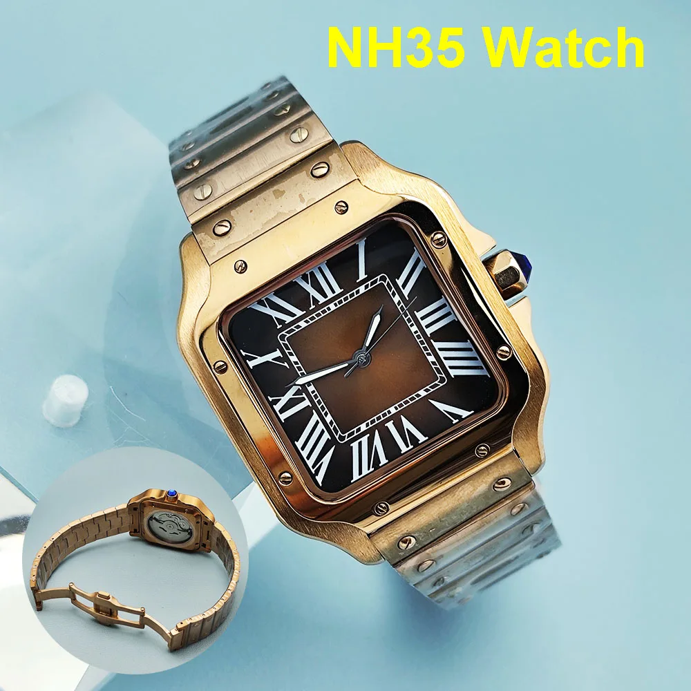 Rose color NH35 watch square case men's stainless steel automatic mechanical watch Roman dial suitable for NH35 watch accessorie