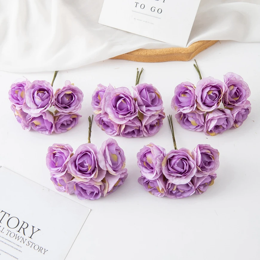 6Pcs Artificial Flowers Fake Rose Bouquet For Christmas Garland Home ornamental flowerpot Accessory Wedding bridal bouquet Decor