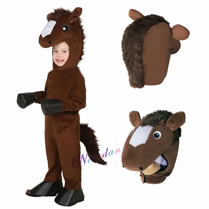 Disfraz de máscara de caballo marrón para niños, traje de fiesta para niñas y niños, vestido de juego de rol, mono, traje de Cosplay de animales de Halloween para niños MN8