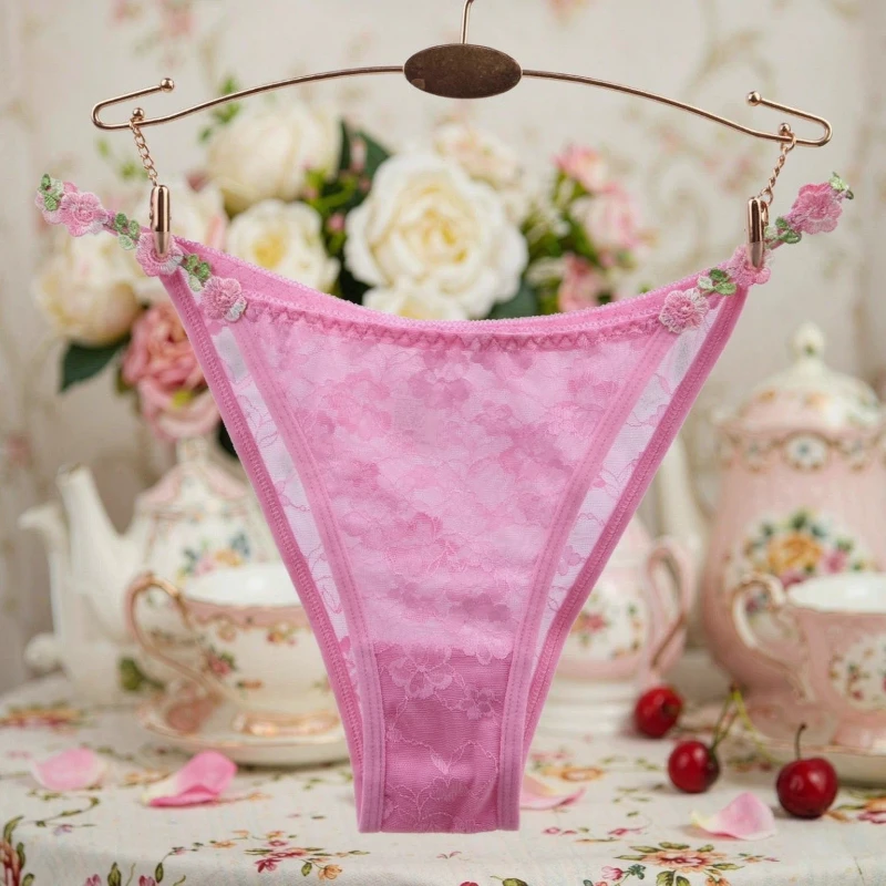 Bestickte Blumenspitze Damenunterwäsche Niedrige Taille Transparente Netz-Slips Romantische Blumendekoration Damen-Slips – Detail 3