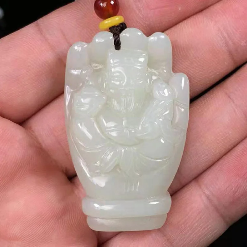 , Hotan Jade Auspicious Fortune God Pendant with Outstretched Arms Attracting We
