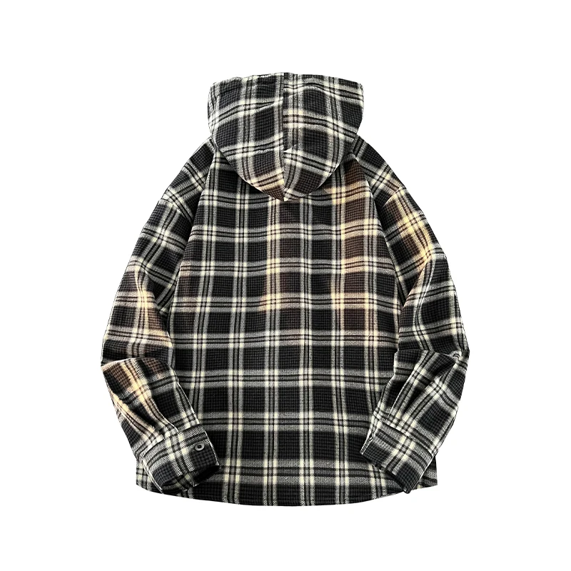 YJKVUR High Standard 2025 Spring New Super Loose Plaid Shirts Men Washed Vintage Fabric Long Sleeve Casual Check Hooded Shirts