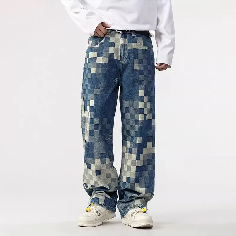 Mozaïek Bedrukte Jeans Voor Heren 2024 Nieuwe Schaakbord Plaid Trendy Losse Wijde Pijpen Rechte Casual Broek Lente En Herfst