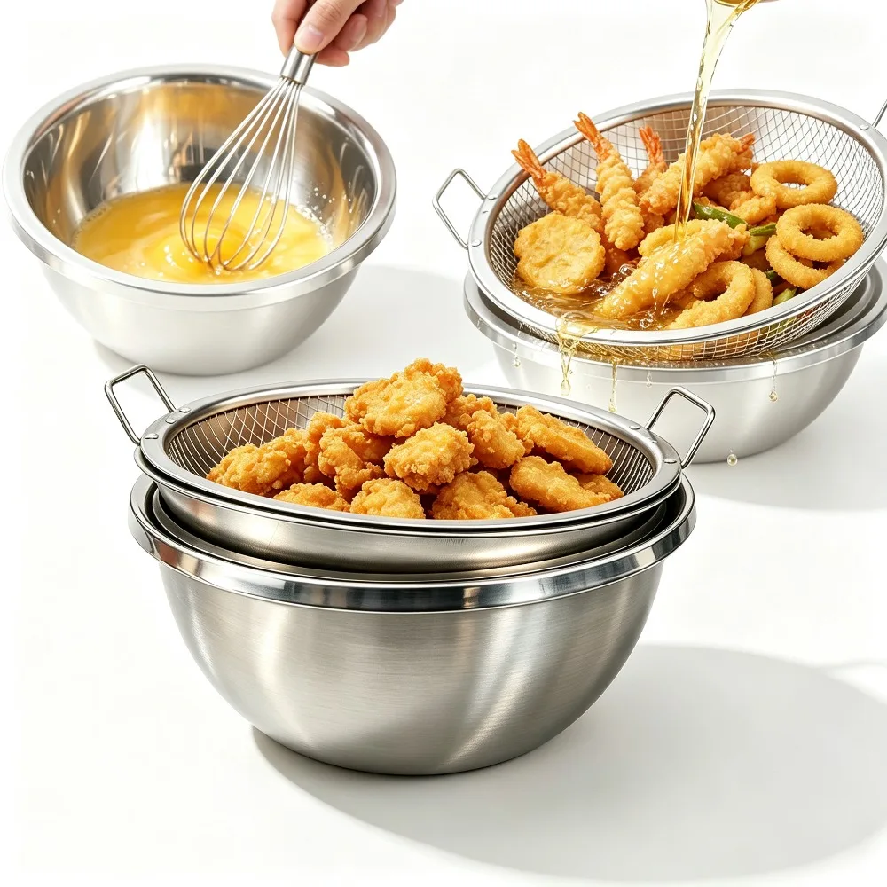 Stainless Steel Mixing Bowls 3 Piece Heavy Duty Bowl Set with Mesh Strainer Serving Tray for Baking Frying Draining Kitchen Prep