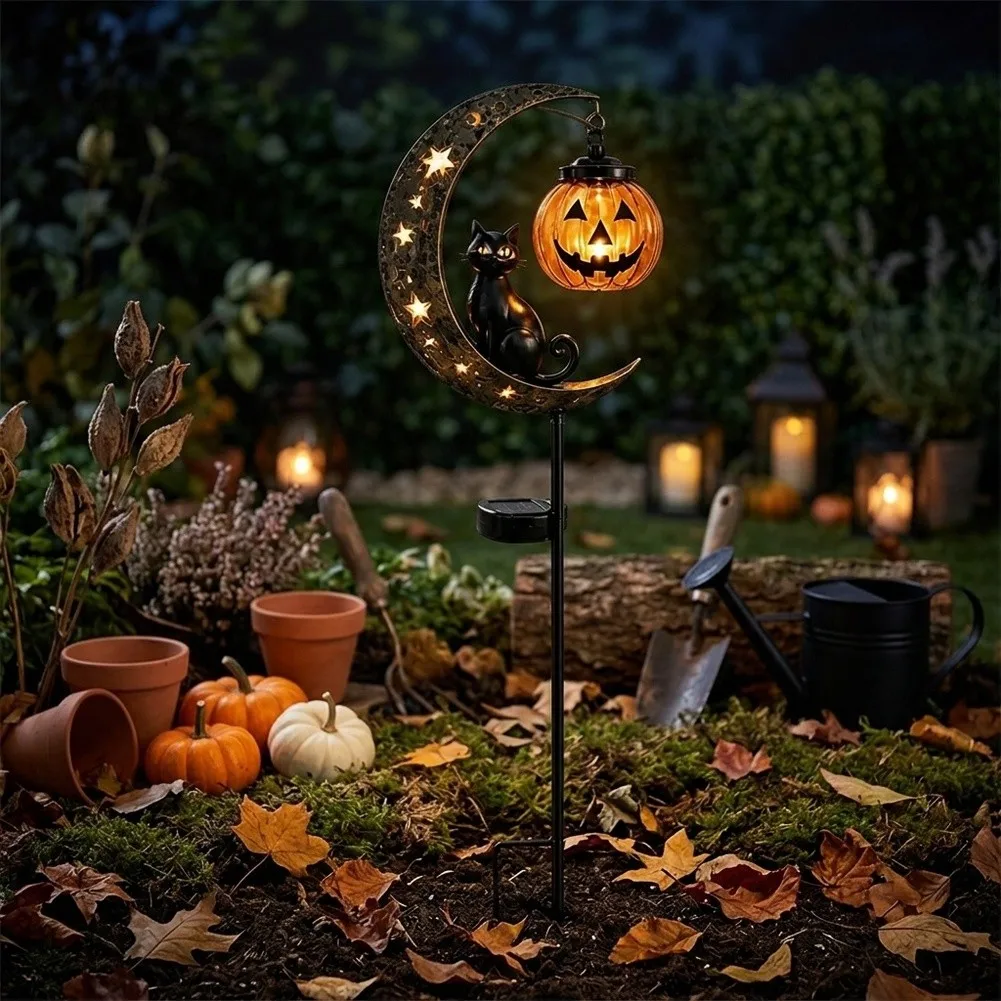 1Pcs Solar-Powered Stake Light Decorative Black Cat & Pumpkin Outdoor Lamp Halloween Lawn Pathway Patio Porch Decoration