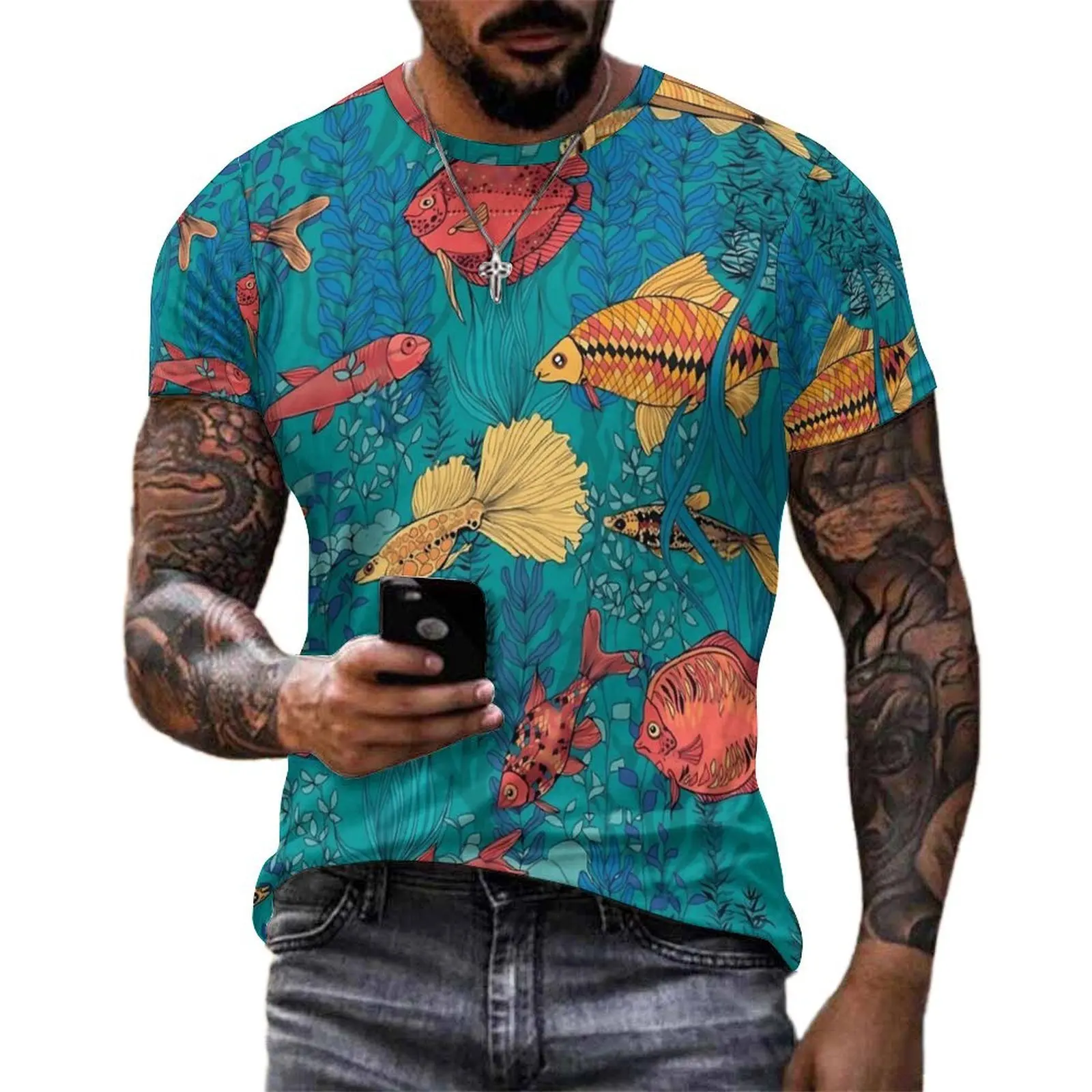 Men Tropical Marine T Shirt Fish Garden Retro T-Shirts Short Sleeves Graphic Tshirt Hot Premium Y2K Casual Big Size Tees