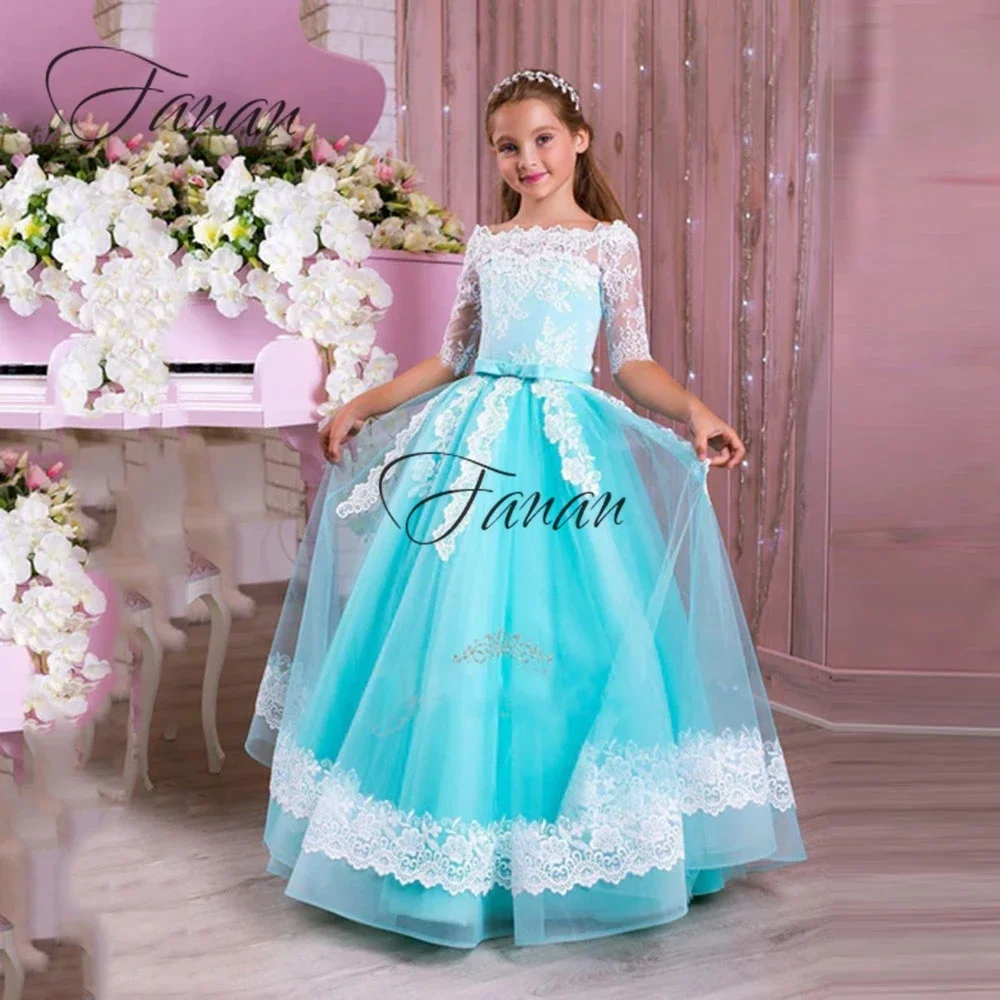 Personalizado requintado barco pescoço vestidos da menina de flor até o chão apliques primeira comunhão rosa verde manga curta aniversário do bebê