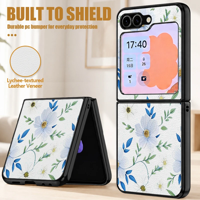 Simple Flower Pattern PU Leather Phone Case For Samsung Galaxy Z Flip8 Flip7 FE Flip 8 7 6 5 4 3 Shockproof Folding Hard Cover
