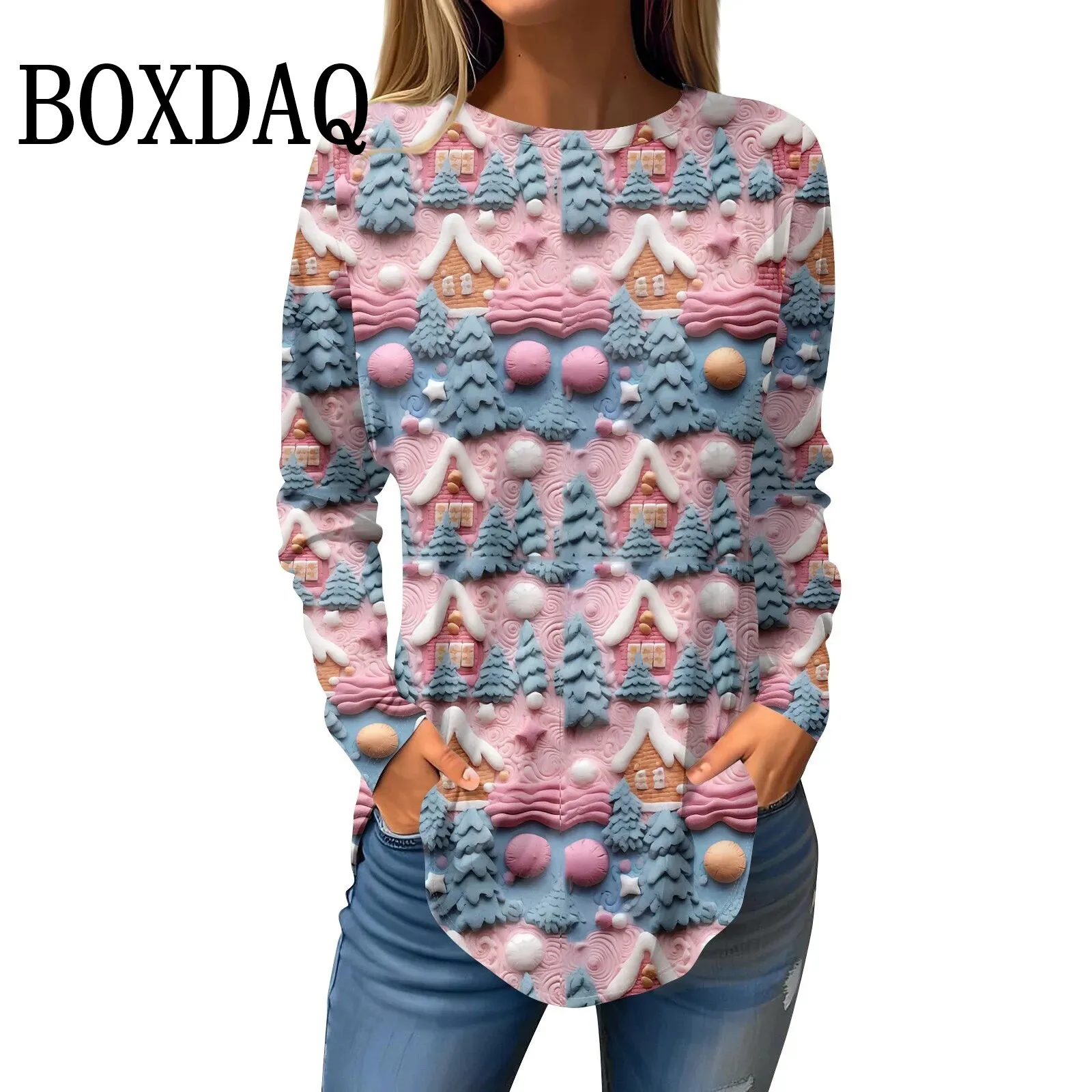 

traf Рождественская женская футболка с 3d принтом Санта-Клауса, повседневная повседневная одежда с длинными рукавами, 2024, зимняя женская футболка с круглым вырезом, топы ropa mujer