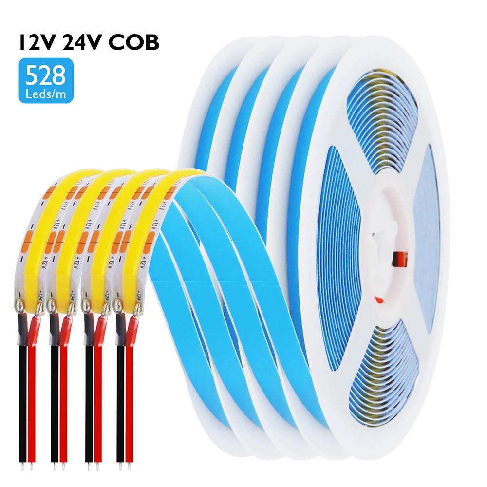 12V 24V 8mm PCB COB LED Strip Light 528LEDs/m High Bright Flexible Ribbon Adhesive Tape for Room Decor 3000K 4000K 6000K