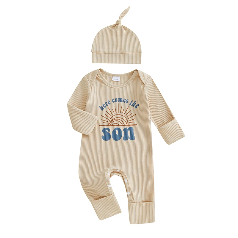 

Baby Boys Jumpsuit Set Cute Long Sleeve Crew Neck Sun Letters Print Romper with Hat