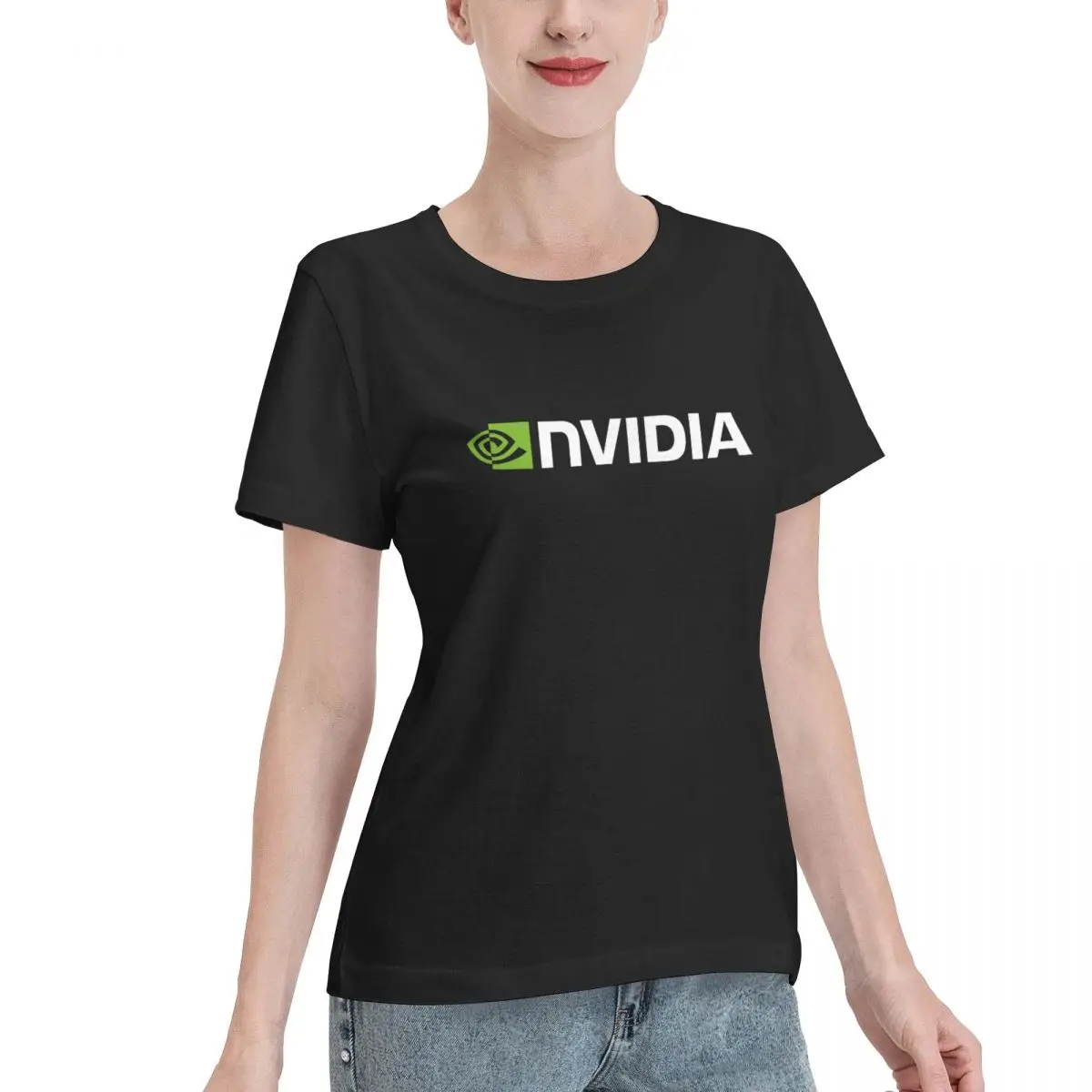 Camisetas de algodão de manga curta Nvidia para mulheres, O-Neck Tops