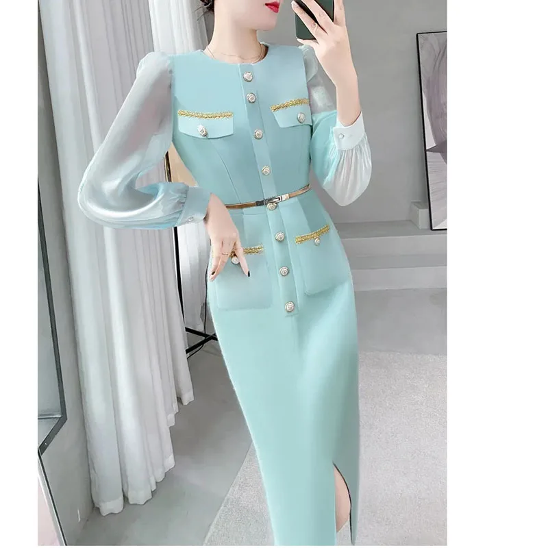 Blue Dress Spring Ladies Temperament Professional Commuter Royal Elder sister Wind senior Lace-Up Dress Spring Summer Fashion